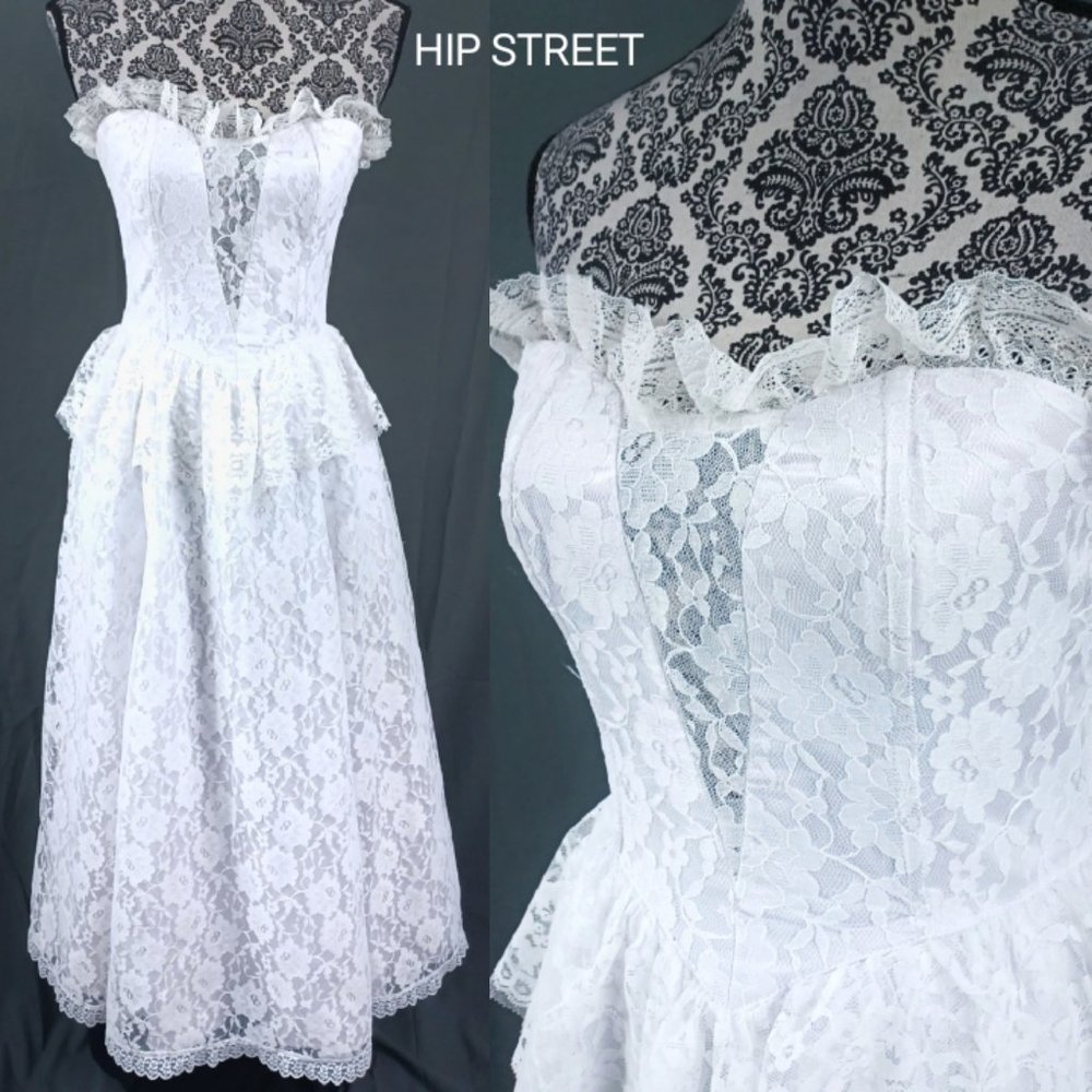 GUNNE SAX Dress Vintage 80's Strapless Lace Peplum Cottagecore Party Wedding 7